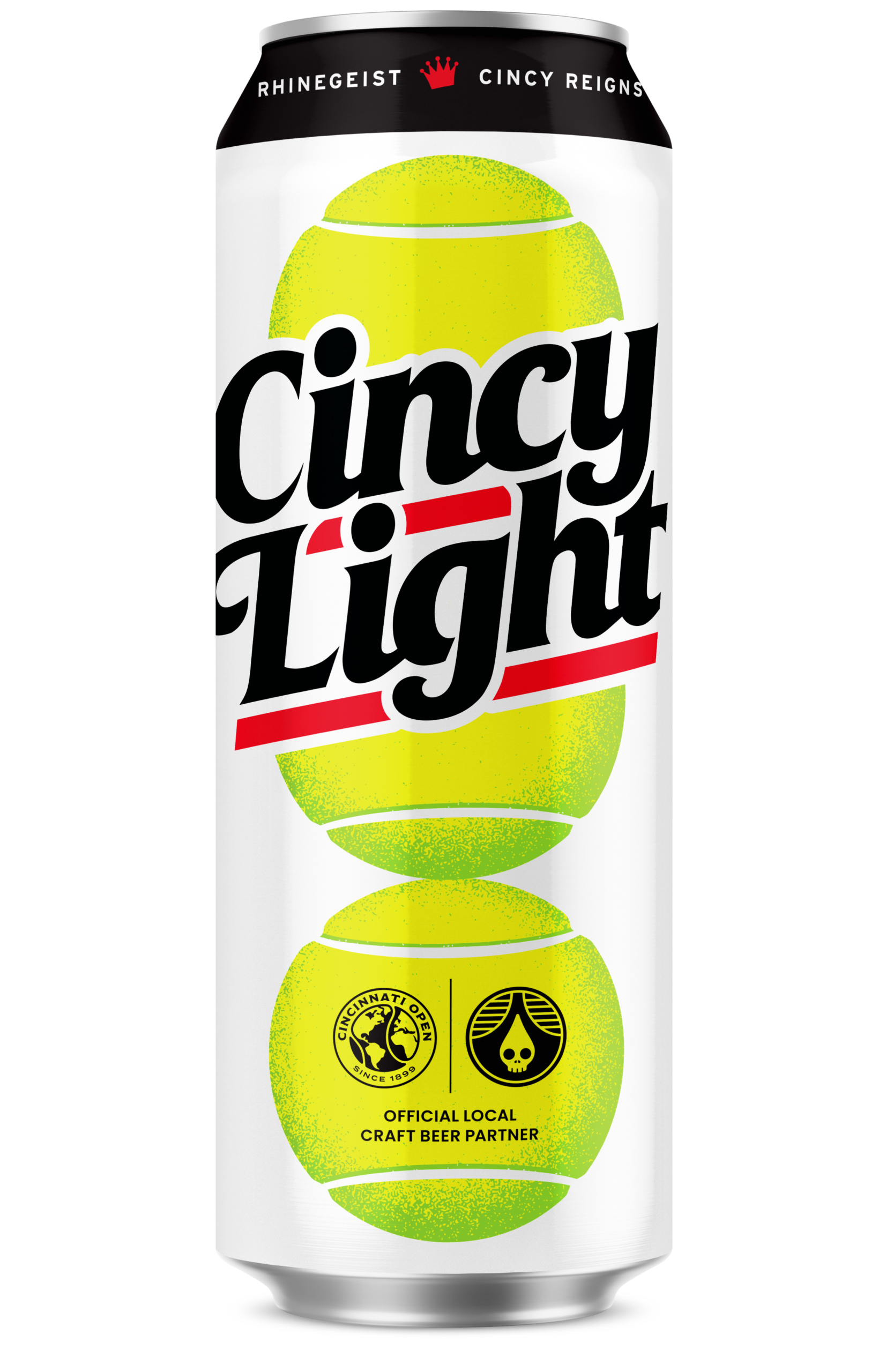 Can of Cincy Light beer with bold black script over a bright yellow lime graphic; white label, dark top band, Cincinnati Open partner seal visible at bottom area.